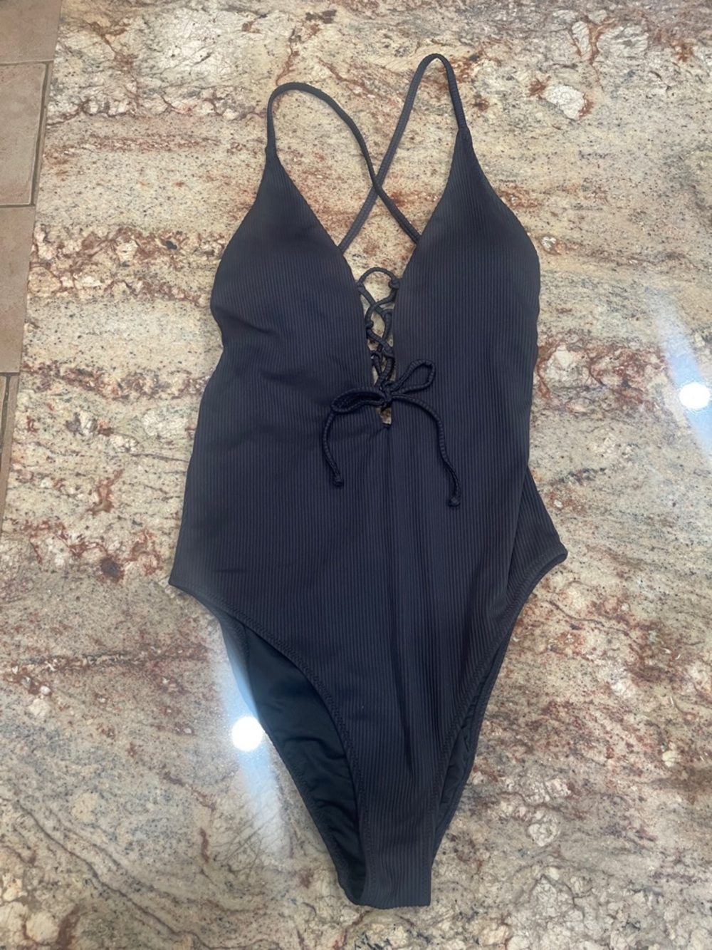 Cupshe Black Ribbed Lace-Up One-Piece Swimsuit